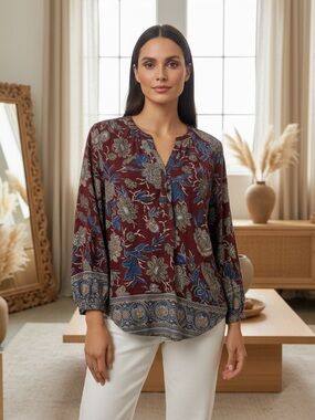 Lucky Brand Floral Tunic - Burgundy and Blue Boho Inspired
